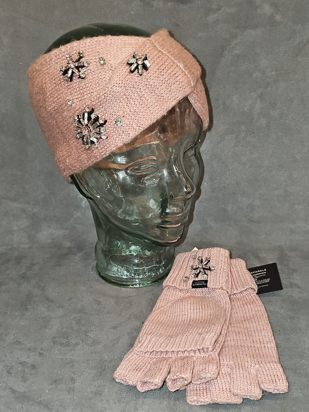 Victoria's Secret Pink Crystal  Knit Headband & Matching Gloves Winter Angel